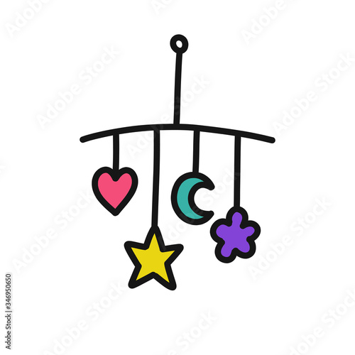 baby rattles on the crib doodle icon, vector illustration