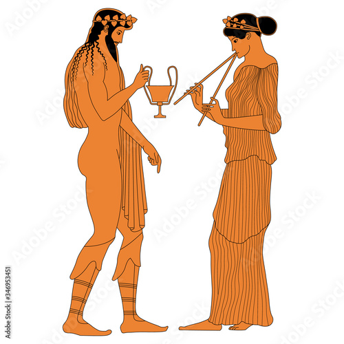 Isolated vector illustration. Ancient Greek decor with two character. Young woman playing flute and god Dionysus holding cup of wine. Vase painting style.