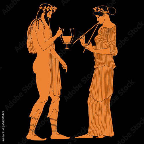 Isolated vector illustration. Ancient Greek decor with two character. Young woman playing flute and god Dionysus holding cup of wine. Vase painting style.