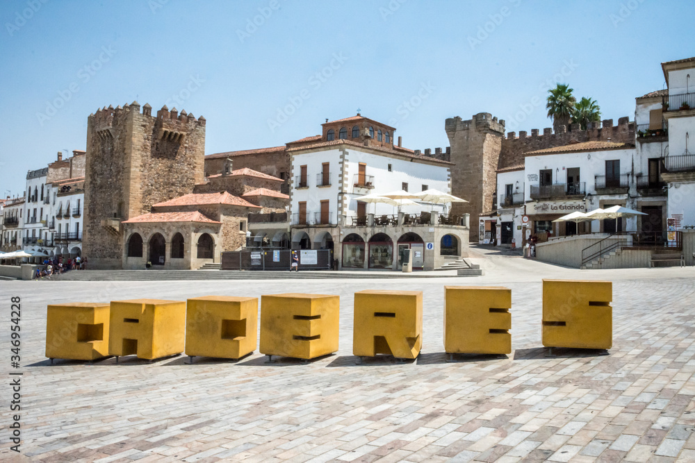 plaza mayor in caceres hot summer day