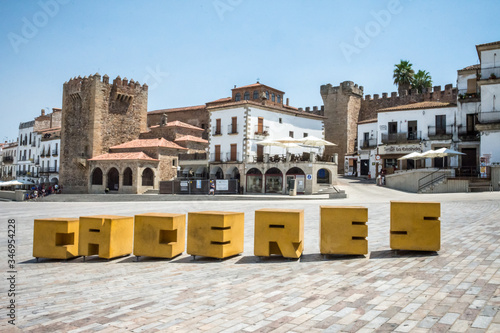 plaza mayor in caceres hot summer day