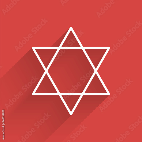 White line Star of David icon isolated with long shadow. Jewish religion symbol. Symbol of Israel.  Vector Illustration