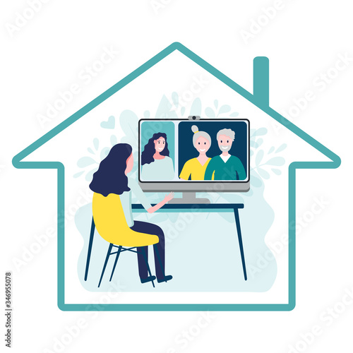 Woman having online meeting with parents or eldery family members via group call on big screen of computer inside house icon. Video conference at home concept. Video call communication.