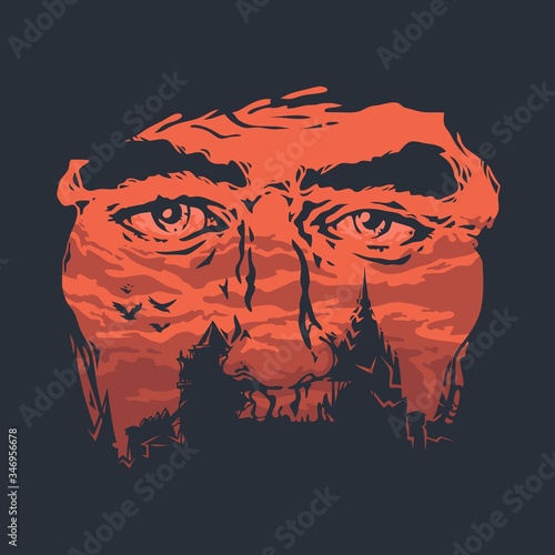 Color flat minimal illustration male face double exposure cityscape of house roofs