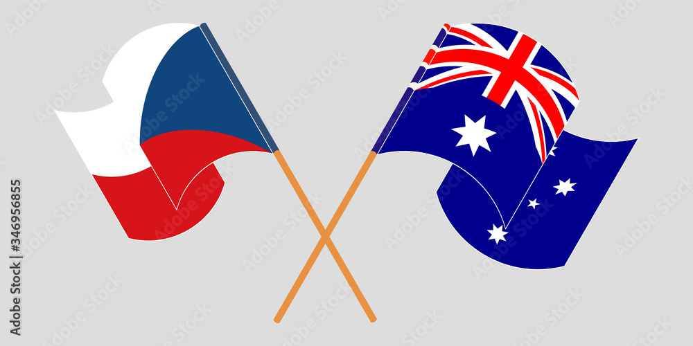 Crossed and waving flags of Czech Republic and Australia
