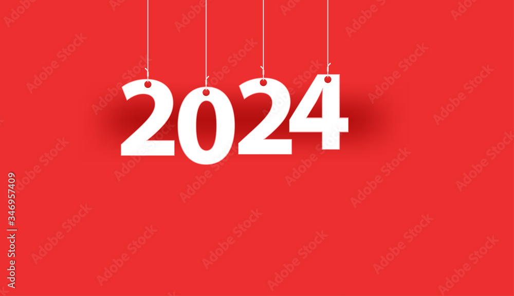 White word 2024 - word hanging on the ropes on red background. Greeting card or calendar cover design template. Cover of business diary for 2024 with wishes. White word 2024 - word hanging on the ropes on red background. Greeting card or calendar cover design template. Cover of business diary for 2024 with wishes.