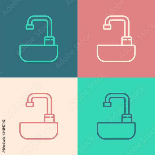 Pop art line Washbasin with water tap icon isolated on color background.  Vector Illustration