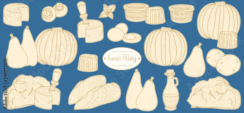 Ingredients for filling for stuffed pasta Ravioli, sketching illustration in retro style