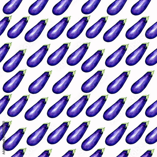 Watercolor pattern of eggplant on a white background.