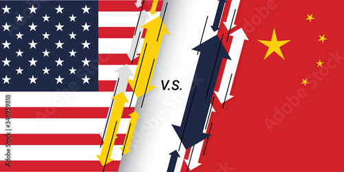 USA and China trade war concept. United States of America tariffs as two opposing flags as an economic taxation dispute over import and exports. American flag versus Chinese flag. Vector illustrtion