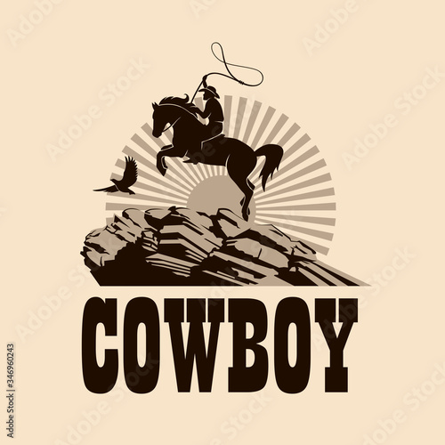 western cowboy silhouette with lasso on horse illustration with mountains