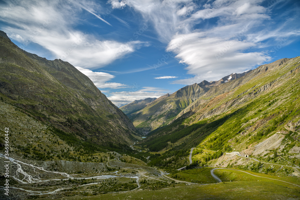 View on Saas Valley close to Saas-Fee village in southern part of Swiss Alps