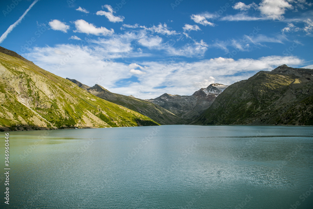 View on Mattmark lake with beautiful Alps in background in upper part of Saas valley in Switzerland