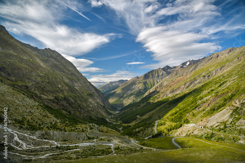 View on Saas Valley close to Saas-Fee village in southern part of Swiss Alps