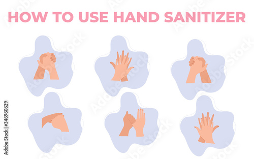 Disease prevention, how to use sanitizer. Personal hygiene wash hands with alcohol sanitizer gel. Procedure to desinfect hands infographic.