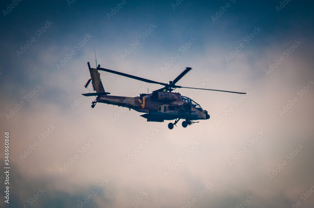 Israeli Air Force, Apache helicopter fly above the ocean Israeli Air Force, Apache helicopter fly above the ocean