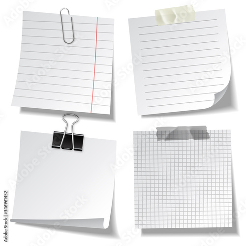Realistic lined sticky notes with clip binder and adhesive tape. Blank note paper sheets. Information reminder. Vector illustration.