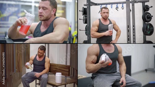 Collage close-up shot of a beefy male athlete sitting on a bench in the gym locker room and drinking a protein shake from a shaker. Shakes the shaker. He's wearing a t-shirt and sweatpants.