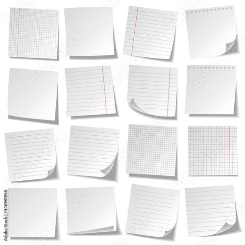 Realistic lined sticky notes. Blank note paper sheets. Information reminder. Vector illustration.