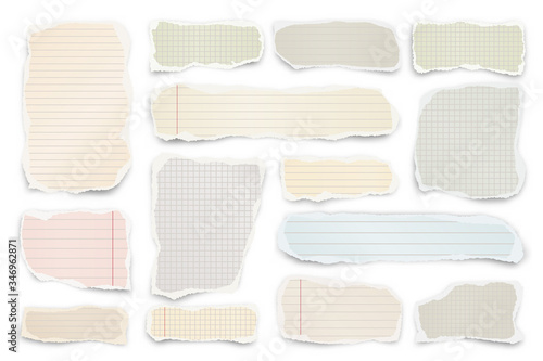 Ripped colored paper strips. Realistic crumpled paper scraps with torn edges. Lined shreds of notebook pages. Vector illustration.
