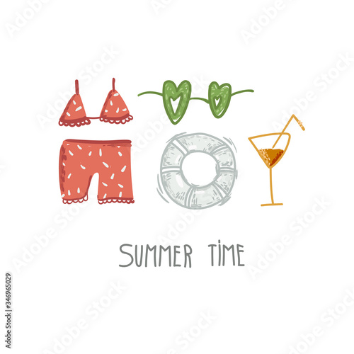 Postcard body positive. The concept of love of your body, vacation. Women's swimsuit. Female figure on a white background. Diet before vacation. Vector.