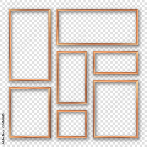 Realistic blank wooden picture frames collection. Modern poster mockup. Empty photo frame with texture of wood. Vector illustration.