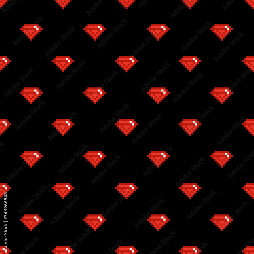 Vector black seamless pattern background with pixel red ruby gems, jewels, diamonds.
Vector black seamless pattern background with pixel red ruby gems, jewels, diamonds.