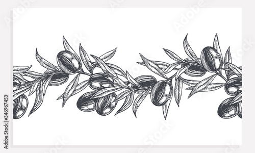 Vector vintage seamless pattern with olive branch in engraving style. Hand drawn texture with plant. Black and white botanical sketch for oil design. Healthy food