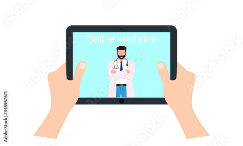 Online medical consultation with doctor on digital screen and patient using tablet pc to communicate through app or website, vector illustration eps 10