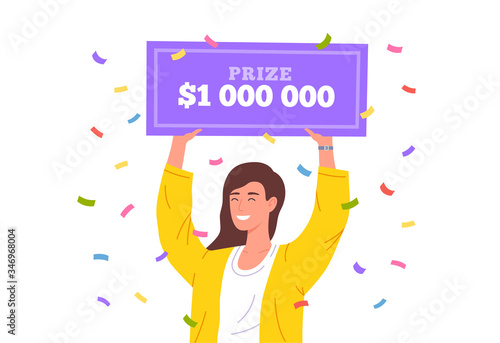 Lucky girl win lottery. Huge money prize in lottery. Happy winner holding bank check for million dollars. Vector illustration
