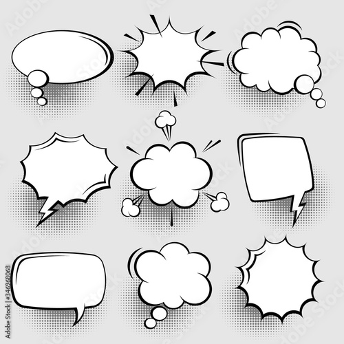 Collection of empty comic speech bubbles with halftone shadows. Hand drawn retro cartoon stickers. Pop art style. Vector illustration.