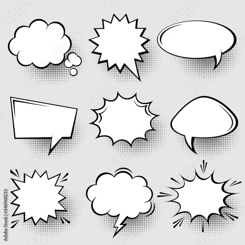 Collection of empty comic speech bubbles with halftone shadows. Hand drawn retro cartoon stickers. Pop art style. Vector illustration.