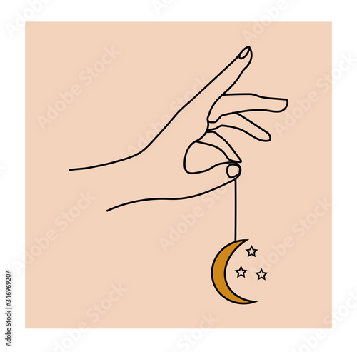 Hands holding crescent moon boho ethnic mystical magic style. Vector illustration