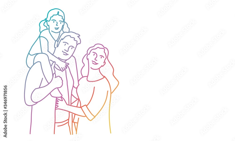 Happy family. Daughter sits on father’s shoulders. Rainbow colors in linear vector illustration. Happy family. Daughter sits on father’s shoulders. Rainbow colors in linear vector illustration.