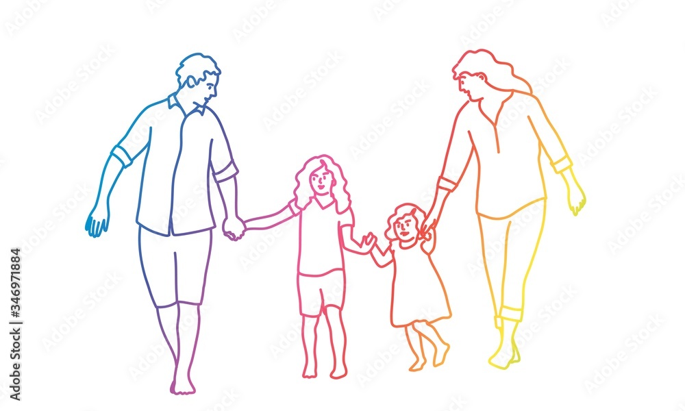 Happy family father, mother and two daughters go holding hands. Rainbow colors in linear vector illustration. Happy family father, mother and two daughters go holding hands. Rainbow colors in linear vector illustration.