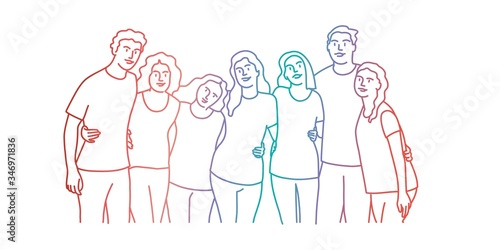Group of people are standing in an embrace. Rainbow colors in linear vector illustration. 