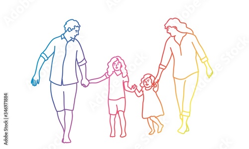 Happy family father, mother and two daughters go holding hands. Rainbow colors in linear vector illustration.