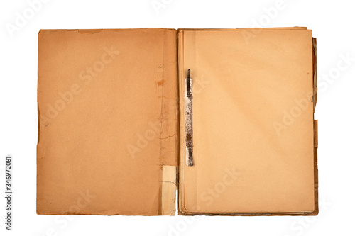 open file folder with aged light brown empty pages photo