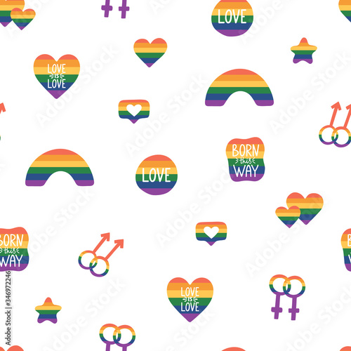 Pride month hand drawn seamless pattern. Tolerance day card. LGBTQ texture with hand lettering. Pride flag. LGBTQ design elements. Rainbow sign. Gay parade symbols. Vector illustration