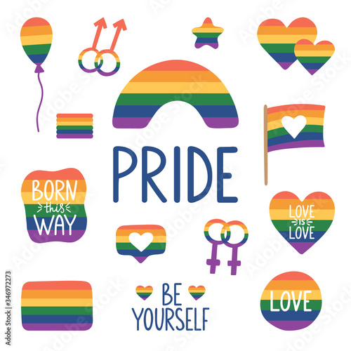 Pride month hand drawn icons. Tolerance day card. LGBTQ stickers set with hand lettering. Pride flag. LGBTQ design elements. Rainbow sign. Gay parade symbols. Vector illustration