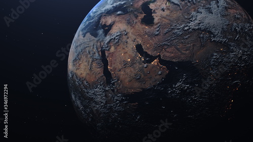 Space view of the planet Earth, going from night to day with city lights.