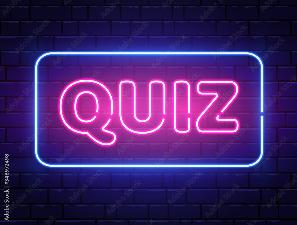 Quiz neon text banner on brick wall. Questions team game. Quiz night poster. Pub neon signboard. Night bright advertising. Vector illustration Quiz neon text banner on brick wall. Questions team game. Quiz night poster. Pub neon signboard. Night bright advertising. Vector illustration