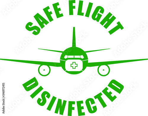 airline safe flight on disinfected aircraft protected mask on stamp icon vector green