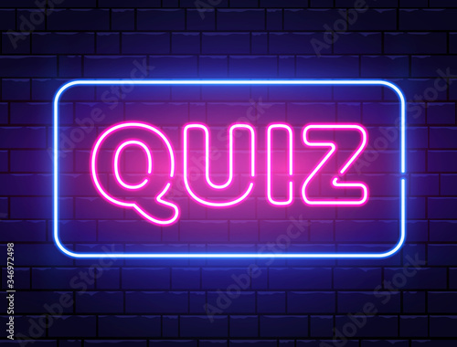 Quiz neon text banner on brick wall. Questions team game. Quiz night poster. Pub neon signboard. Night bright advertising. Vector illustration