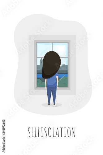 Self isolation, staying home. Girl looking out the window. Social distancing vector illustration isolated on white background 