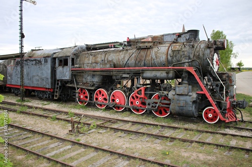 Historic antique steam locomotive at the site of the Cineville Film Studio in Latvia. May 2019