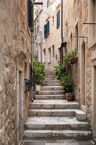 Narrow old Mediterranean street with stairs in Korcula. Stone houses and facades, green plants, flowers in Dalmatia, Croatia. Historical place creating a picturesque and idyllic scenery © Lea