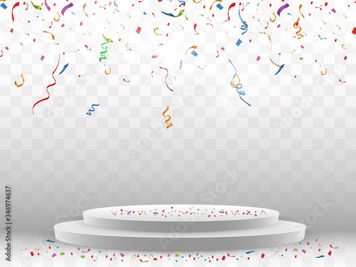 Colorful confetti fall on the podium. Realistic white podium with spotlights. First place. Vector illustration of a holiday.