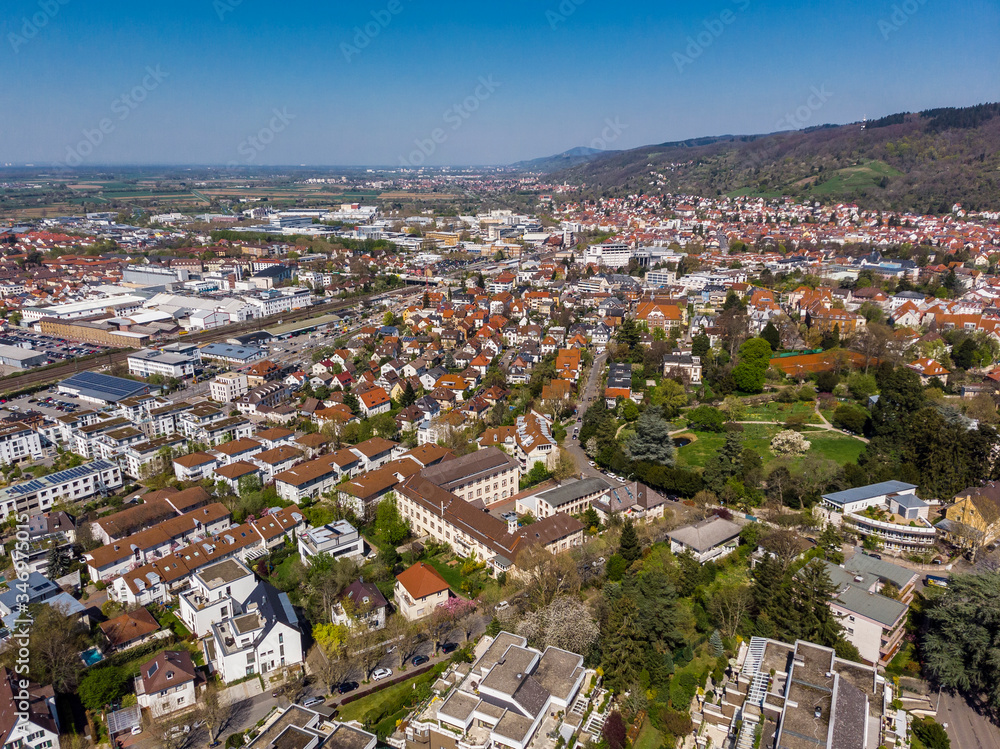 Beautiful top view on the center of Weinheim. Orange tiled roofs of houses. The old part of town. Germany.