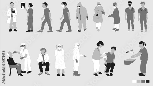 Medical Personell in Different Situations.  Illustrator vectors, easy to change colors.
